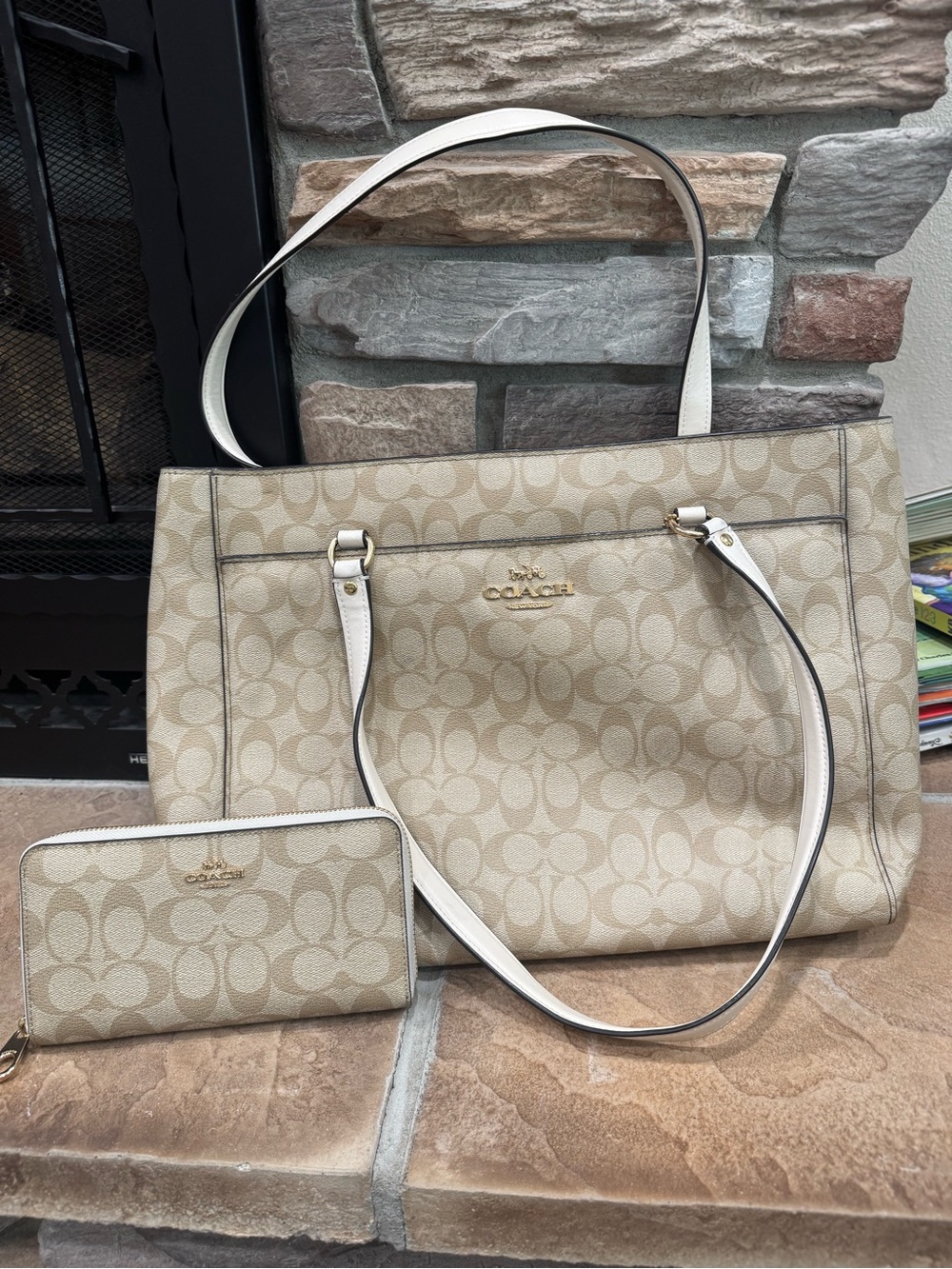 Coach Cream Signature Canvas Tote with Matching Wallet
